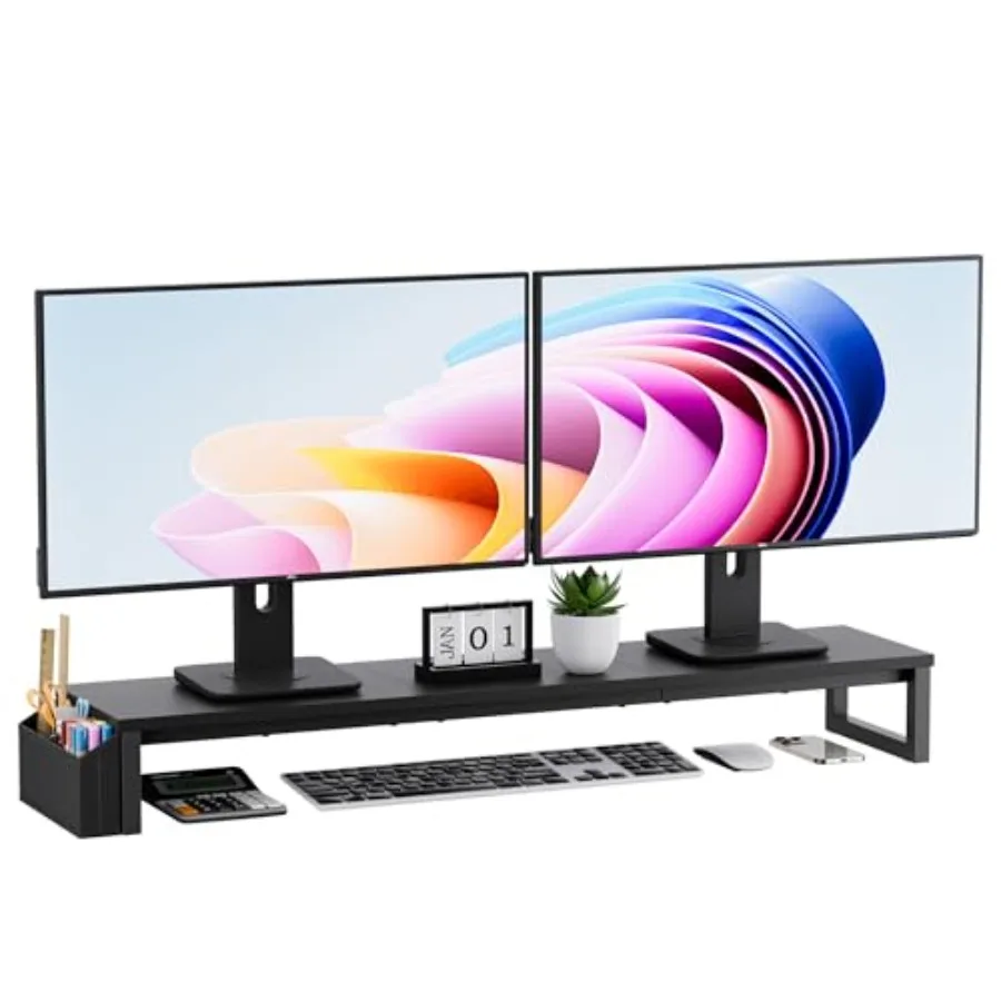 

Подставка для двух мониторов 41,5 дюйма, удлиненная, деревянная, с боковым карманом, эргономичная, для организации рабочего стола