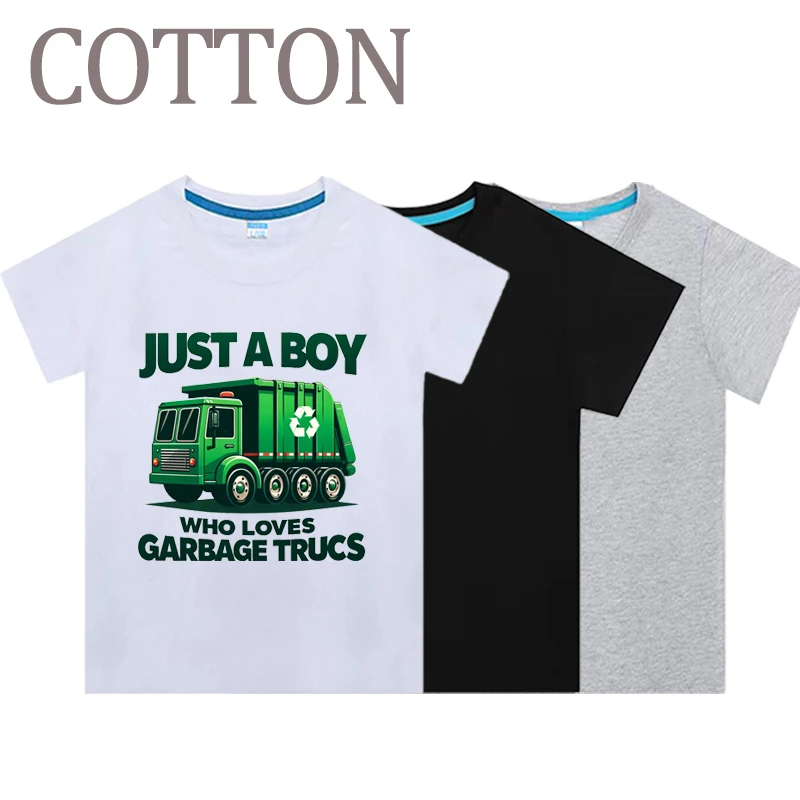 Kids Just A Boy Who Loves Garbage Trucks T-Shirt Kids Short Sleeve Crewneck T-Shirts Top Tee Toddler Girls Baby Shirts Cotton