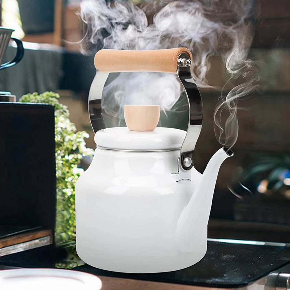 

Elegant Enamel Tea Kettle Stovetop Wooden Handle Anti-Scalding Lightweight Retro Vintage Teapot for Loose Tea Coffee Pot Water