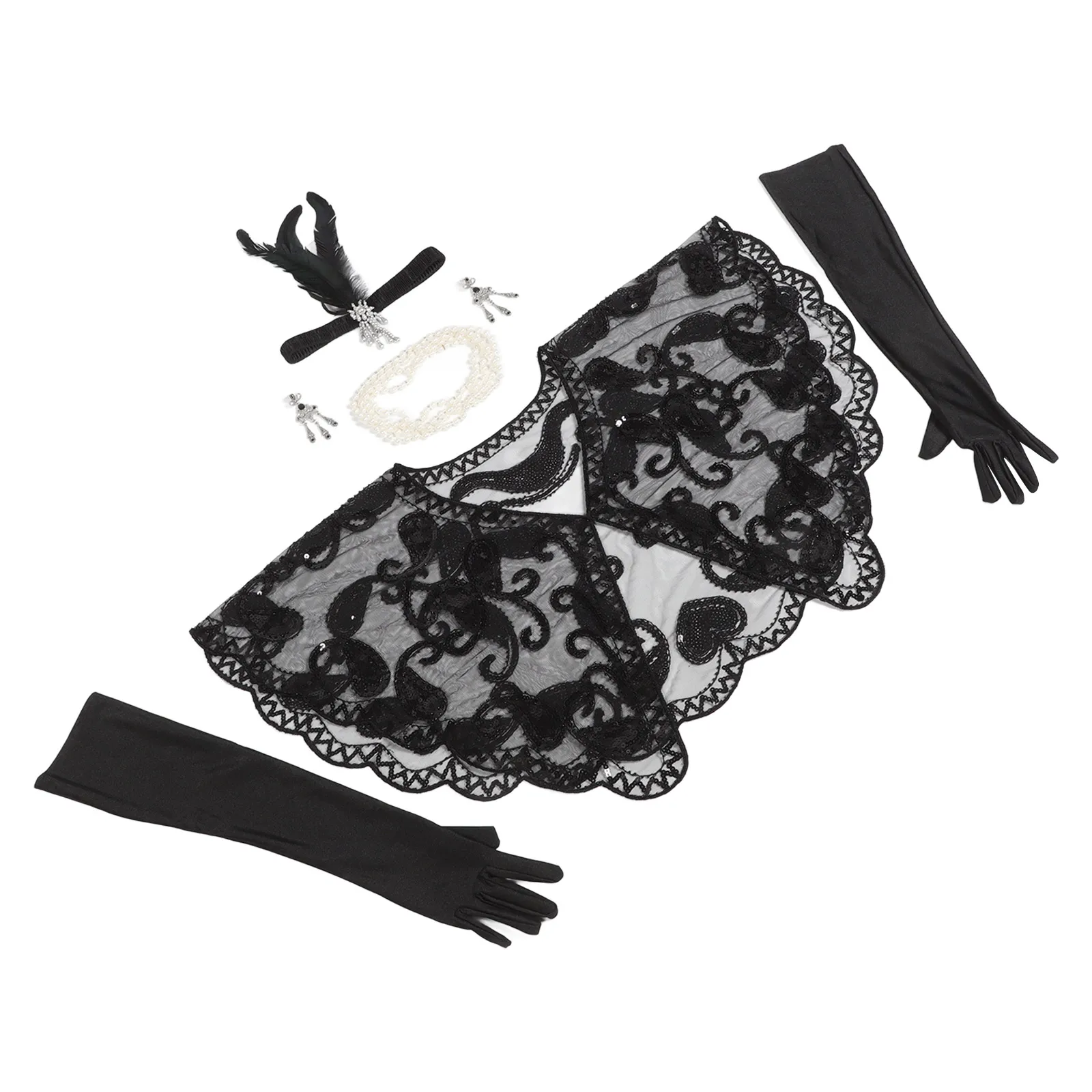 

Vintage Flapper Party Set Hollow Shawl Retro Style Gloves Ladies 20s Costume Beaded Necklaces Roaring Accessories
