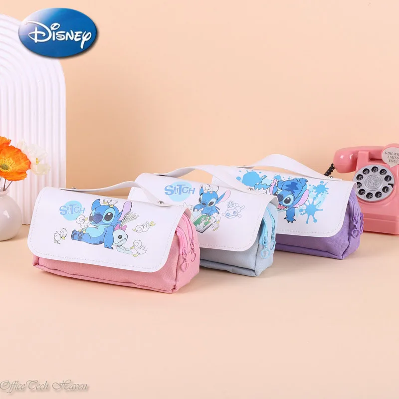 Stitch Pencil Bag para meninos e meninas, lona impressa para estudantes, papelaria portátil, estojo de dupla camada, novo