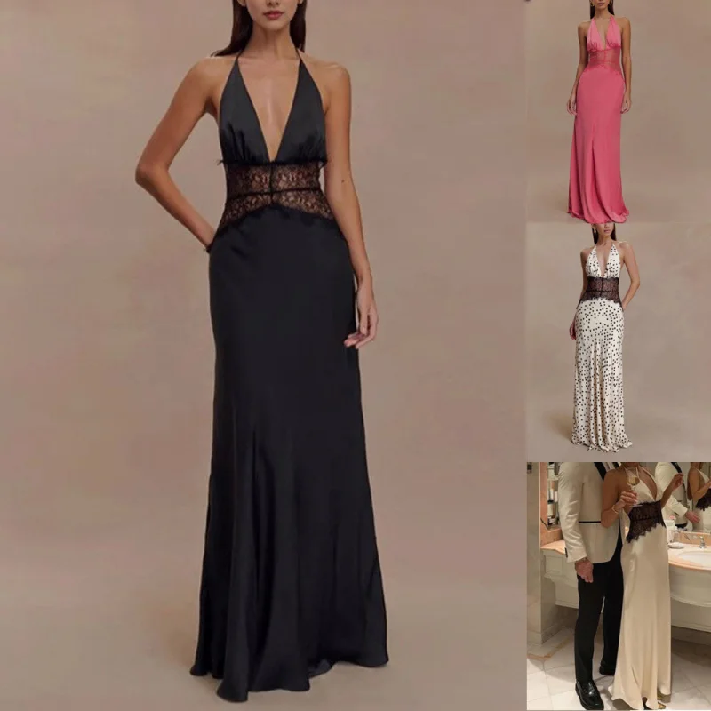 

Deep Neckline V Lace Patchwork Dress Waist-Slimming, Elegant, Long Evening Dress