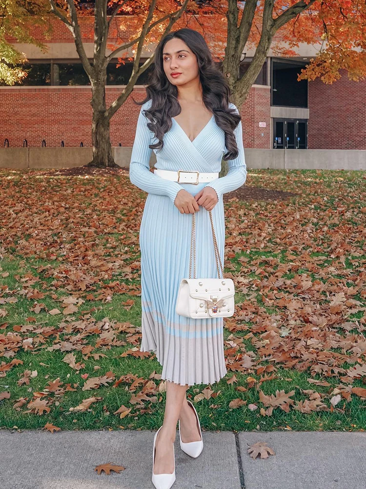 

Women’s Pleated Long Dress Elegant Long Sleeve Knit Dress 2024 Fall and Winter New in Dresses Women Clothing