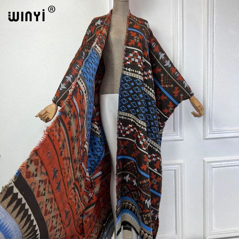 WINYI 2024 winter cardigan Africa print women loose jacket Warm kimono long down coat Middle East fashion abaya holiday dress