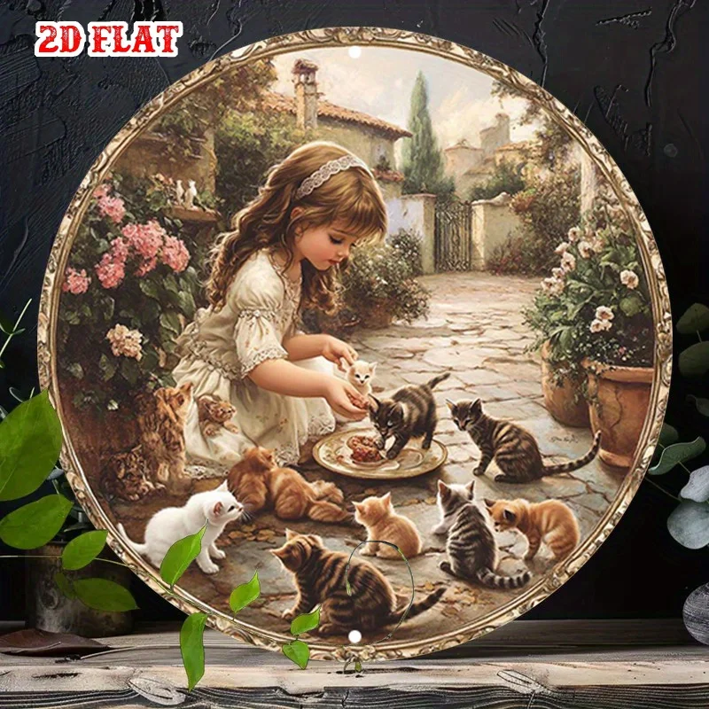 Vintage Round Aluminum Wall Art—A Charming Metal Sign Featuring a Cat and Garden Scene, Perfect for Country-Style Home Decor