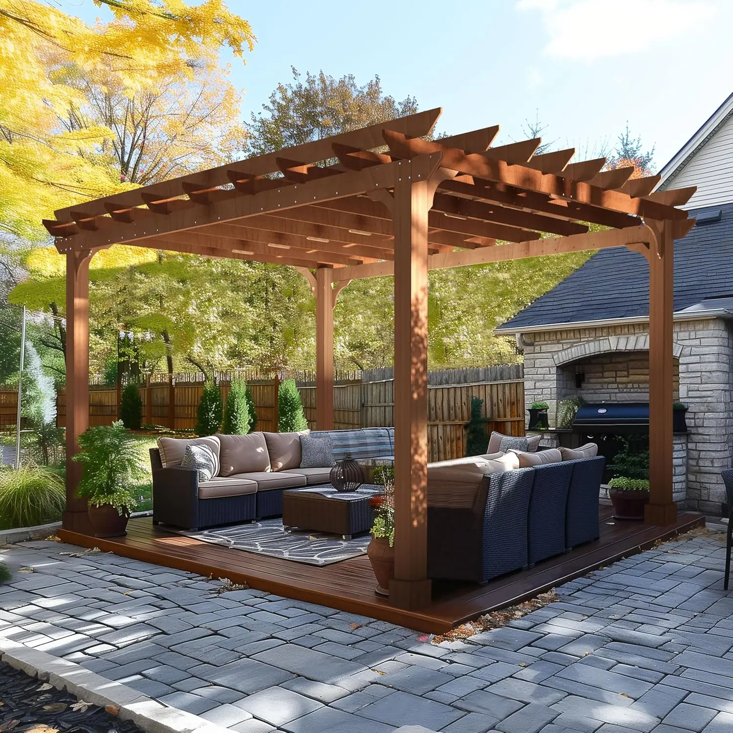 

12x14 Cedar Wood Patio Pergola Slatted Trellis Roof Solid Outdoor Backyard Deck Yard Grill Garden Custom