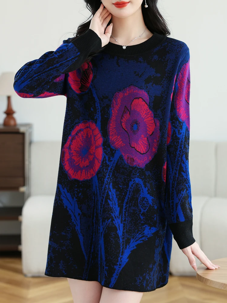 

Floral print Sweater Dress Woman Autumn Winter Pullover Femme Women Clothing Long Sleeve Top Casual Long Knitwear Sweaters