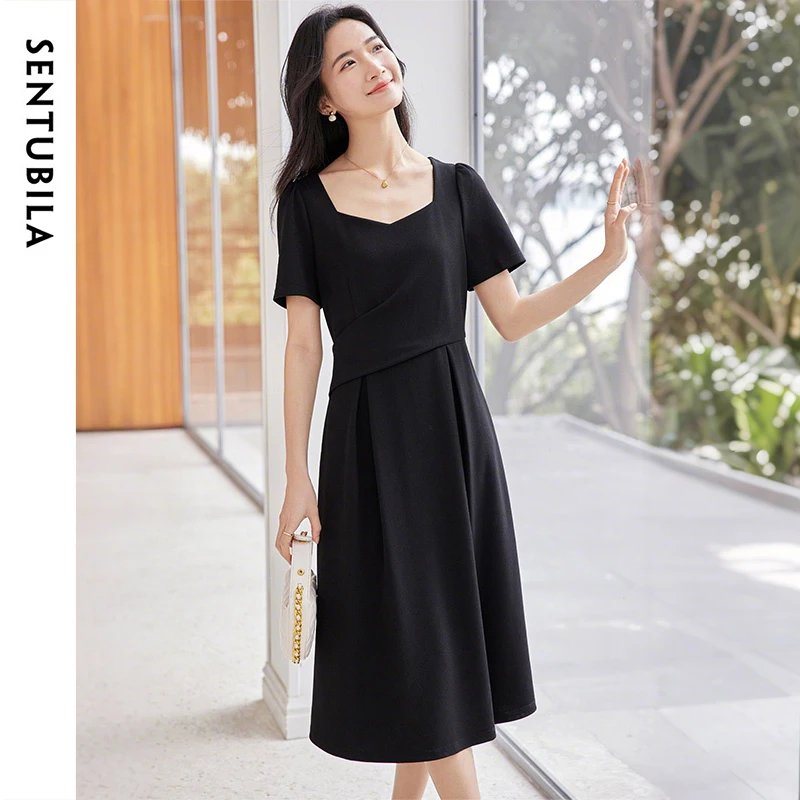 

SENTUBILA Peach Heart Collar Women's French Dress 2025 Party Wear Slim Fit Fluffy Sleeves Elegant Black Long Dress 152L80063