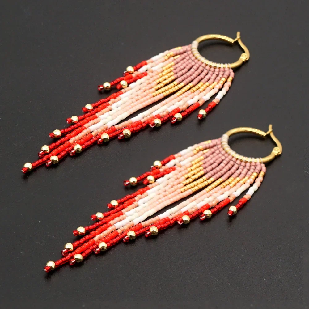 Fringe Earrings  Hand knitting  iridescent cloud  Flamingo  Gradient  rainbow  Swallow tail  Bohemia  geometry  alloy  Rice Bead