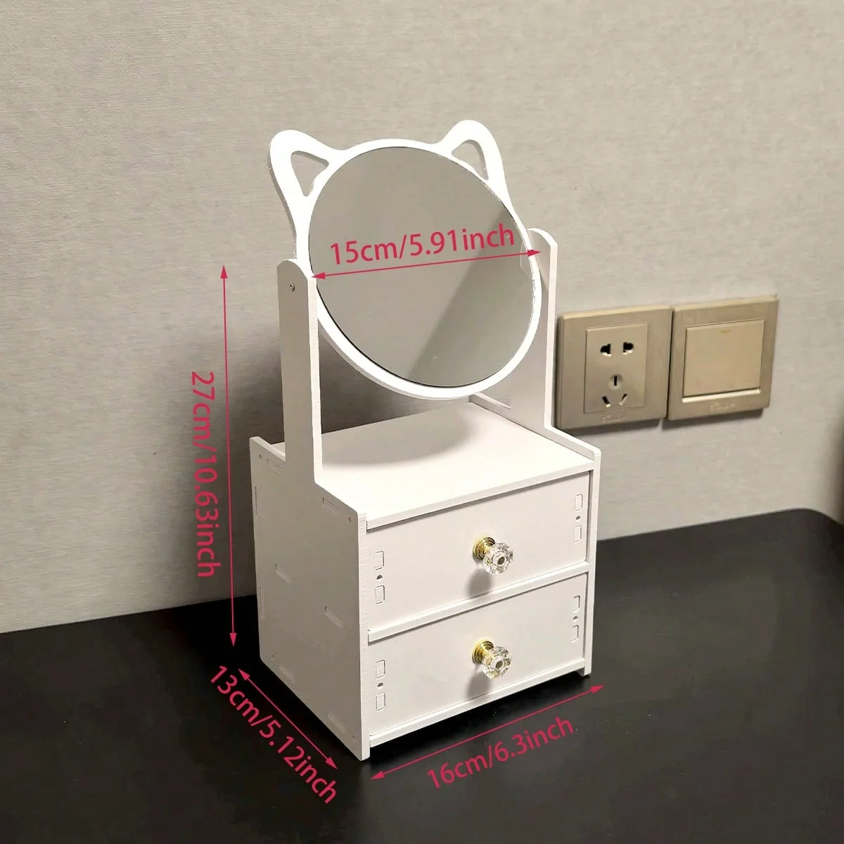 Cute cat shaped makeup organizer with 360 ° rotating mirror and double drawer makeup storage box