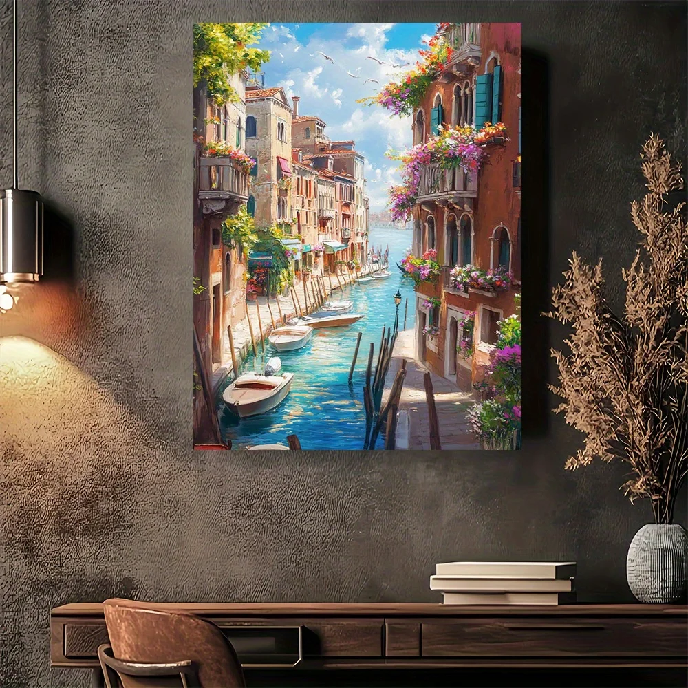 Venice Canal Scene Frameless Canvas - Elegant Vintage Design with Gondolas & Floral Canal Decor, for Home Office, Kitchen, Bedro