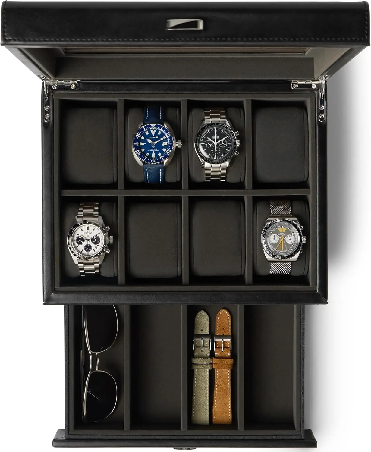

Watch Box for Men 8 Slot Watch Case with Storage Drawer, Real Glass Display, Extra Wide Pillows for Large Watches
