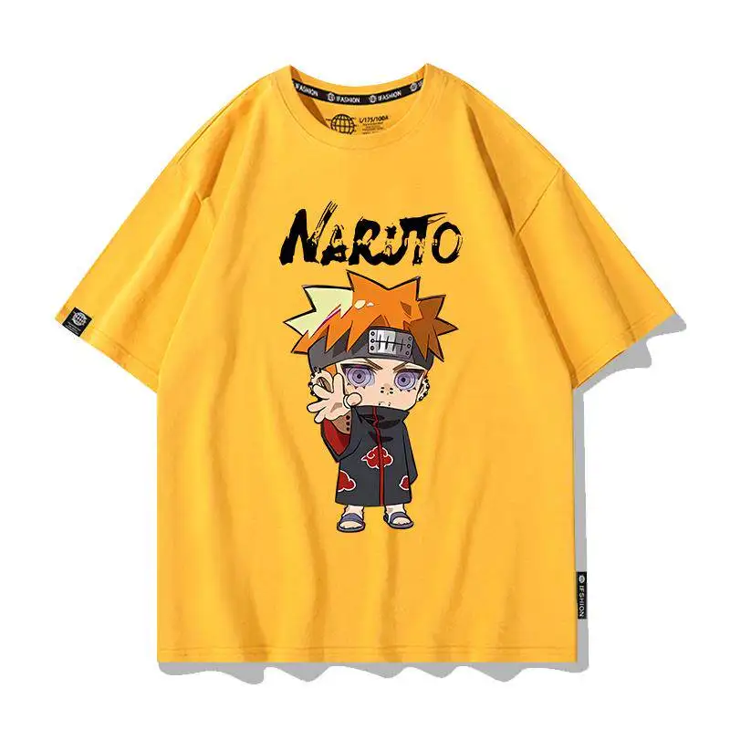 Trendiges Kinder-T-Shirt aus reiner Baumwolle, Naruto Anime Peripheral, gelb bedruckt, Eltern-Kind-Outfit, neues lässiges T-Shirt mit Rundhalsausschnitt