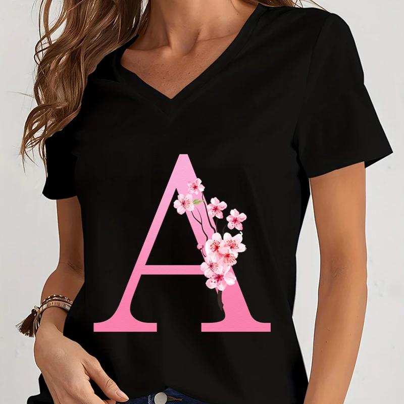 Letter M Floral Monogram Shirt for Women V Collar Graphic 26 Alphabet Floral T Shirts Womens Cherry Blossom Tops Female Clothing