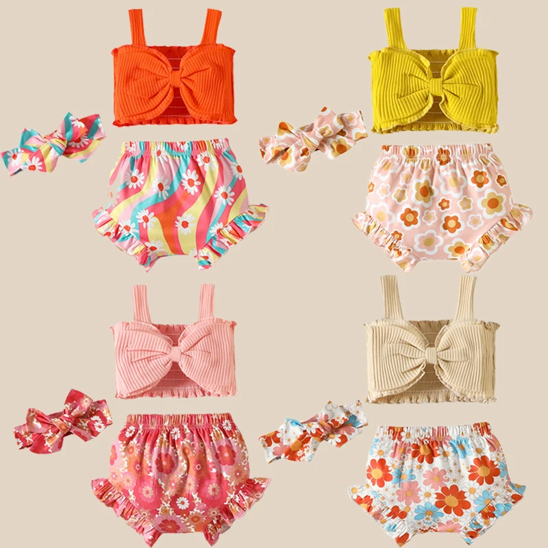 0-24M Baby Girl Solid Color Pit Strip Tie Sling Big Bow Top with Floral Shorts Three-Piece Suit，Suitable for Summer Wear