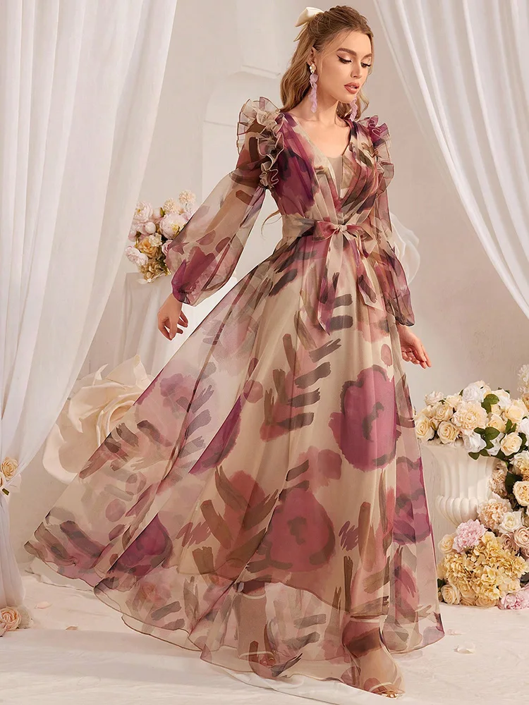 TOLEEN 2024 New Summer Fashion Casual Elegant Holiday Dresses Women\'s Floral Printed Lantern Sleeve Long Dress With Ruffled Hem