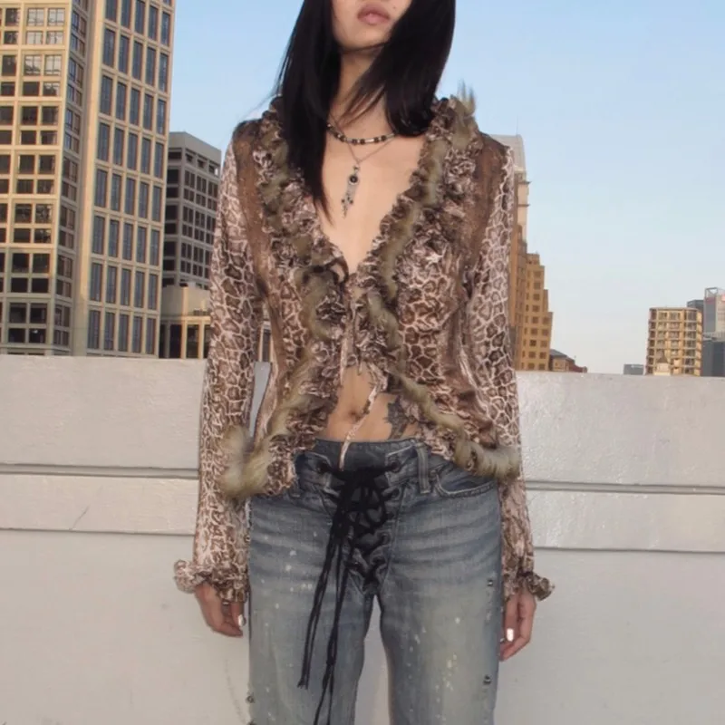 Karrram Japanese Y2k Leopard Print Shirt Vintage Harajuku Fur Shirt Grunge Aesthetics V-neck Irregular Blouses American Retro