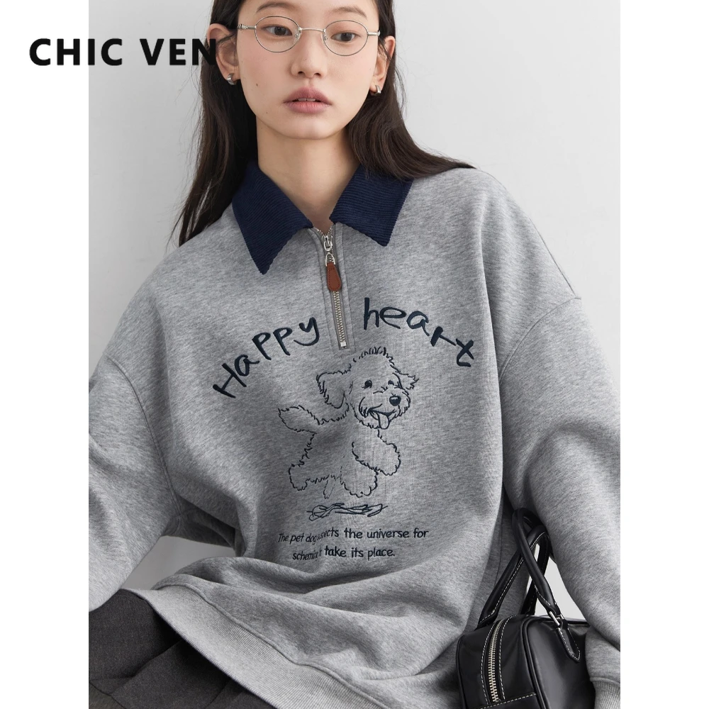 CHIC VEN Nieuwe Vrouwen Sweatshirts Casual Losse Polo Kraag Hond Borduren Fluwelen Pluche Warme Vrouwelijke Top Trui Herfst Winter 2025