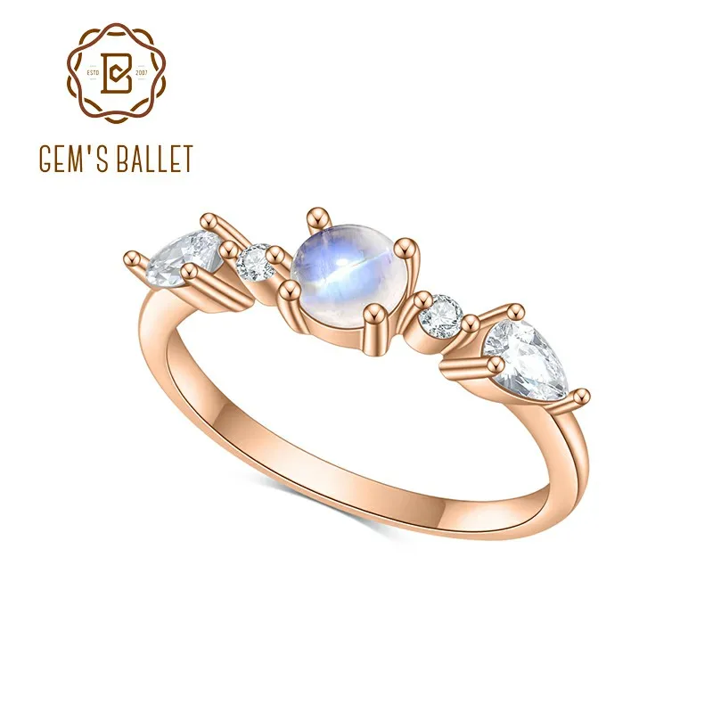 GEM'S BALLET  June Birthstone Natural Rainbow Moonstone Engagement Rings 925 Sterling Silver Rose Gold Promise Ring Gift For Her