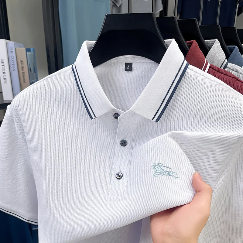 Embroidery Men Polo Shirt Summer, Minimalist Line Design Neckline, Short Sleeve Button Collar Shirt For Men Street Style