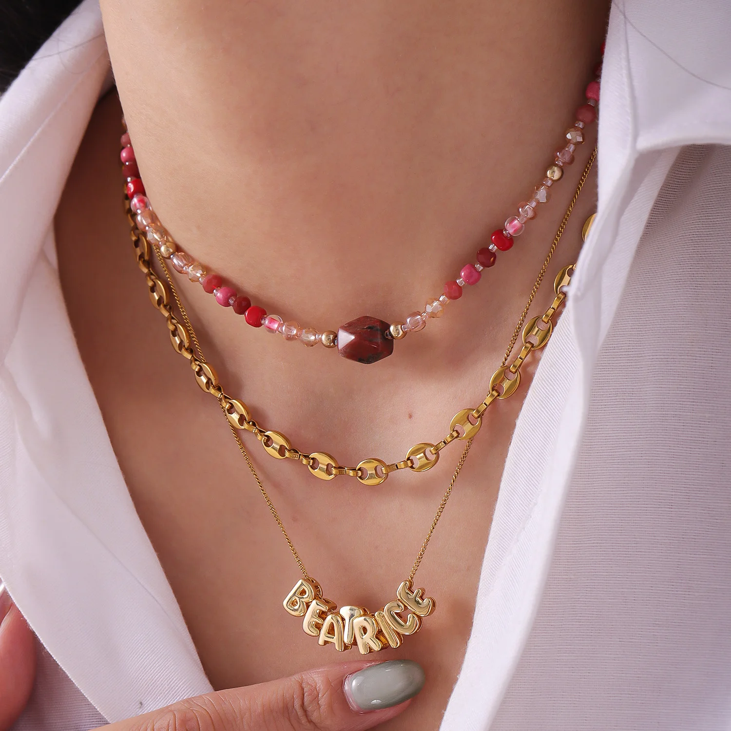 

Personalized Bubble Letter Necklace Multi Layer Stackable Pink Colorful Bead Stainless Steel Chain Jewelry for Christmas Gift