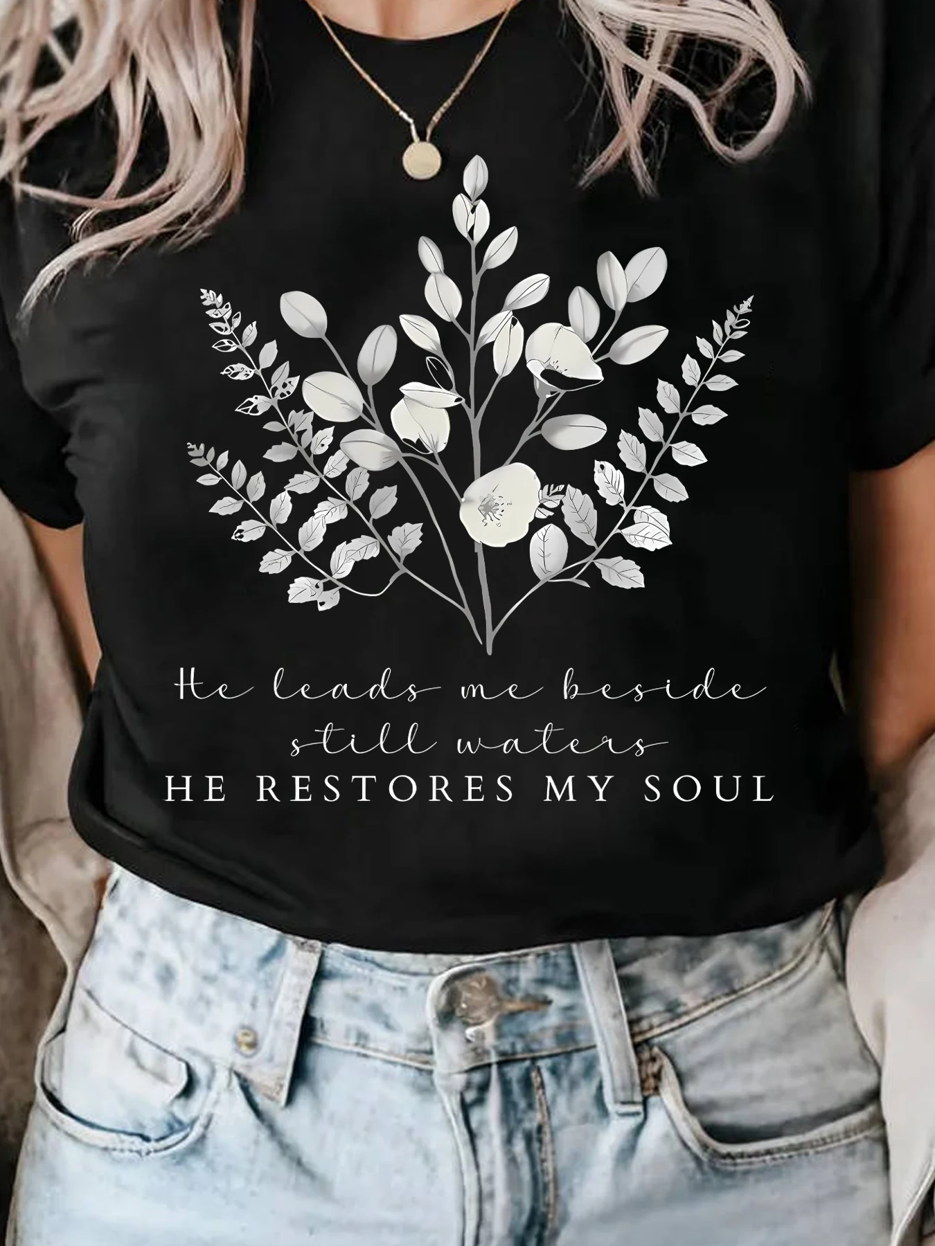

HE RESTORES MY SOUL Узоры с буквами, цветами и ветвями, женские футболки с короткими рукавами, летняя повседневная женская одежда с Джокером