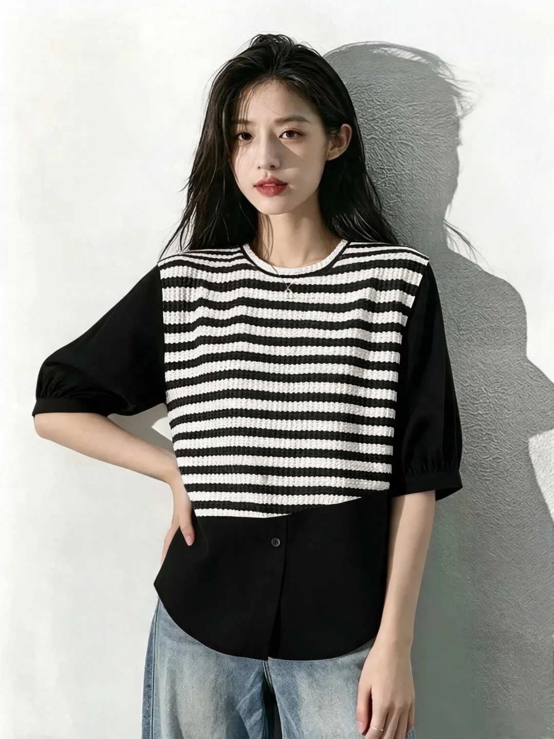 Slimming Striped Patchwork Short Sleeve Fake Two-Piece White Shirt Women's Summer New Large Size Fat MM Design Sense Youthful...