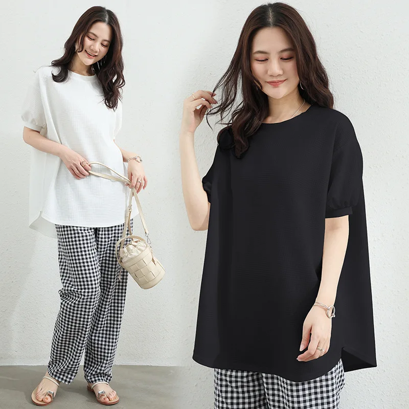 

Summer New Bubble Sleeve T-shirt Womens Casual Round Neck Oversized Slimming Top High-Low Hem Basic Tee for Layering