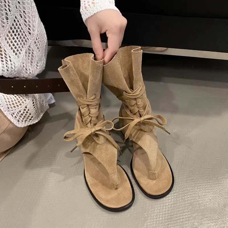 

French Style Toe Post Sandals Women's Summer New Vintage Cuffed Ankle Short Boots High Heel Single Shoes Rubber Upgraded Version