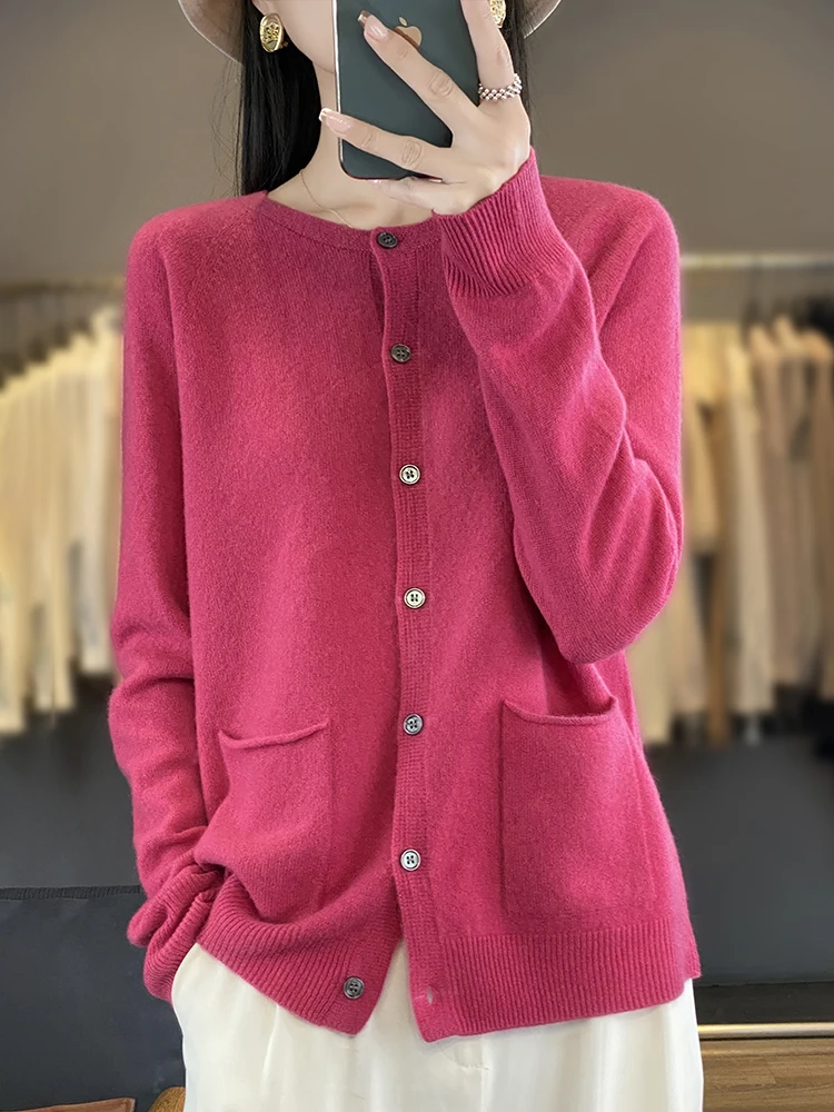 Women Fashion Merino Wool Sweater O-Neck Long-sleeve Pocket Cardigan Spring Autumn Cashmere Warm Knitwear Female Coat Soft Tops