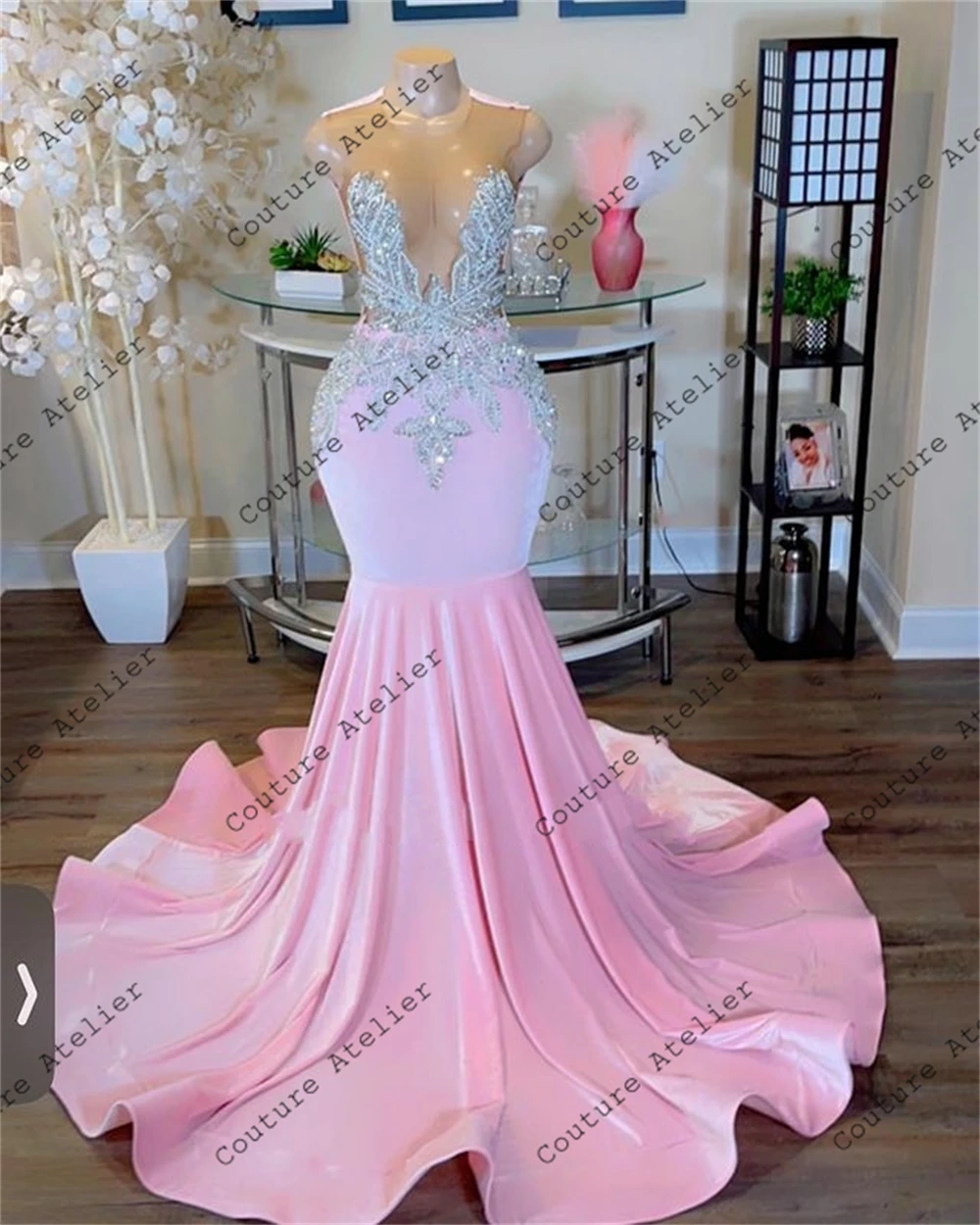 Silver Beaded Pink Prom Dresses For Black Girls Mermaid Dress Party Evening Elegant Luxury Celebrity Formal Gowns O Neck robe