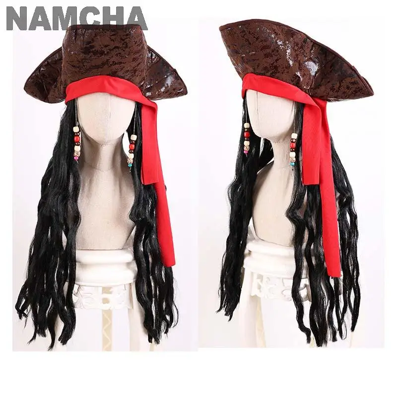 Perruque et Chapeau de Cosplay de Capitaine Jack Rotterdam Row, Cheveux Longs Bouclés Noirs, Casquette de Pirate Adulte, Spectacle de Scène, Accessoires de Costume d'Halloween, 7,5