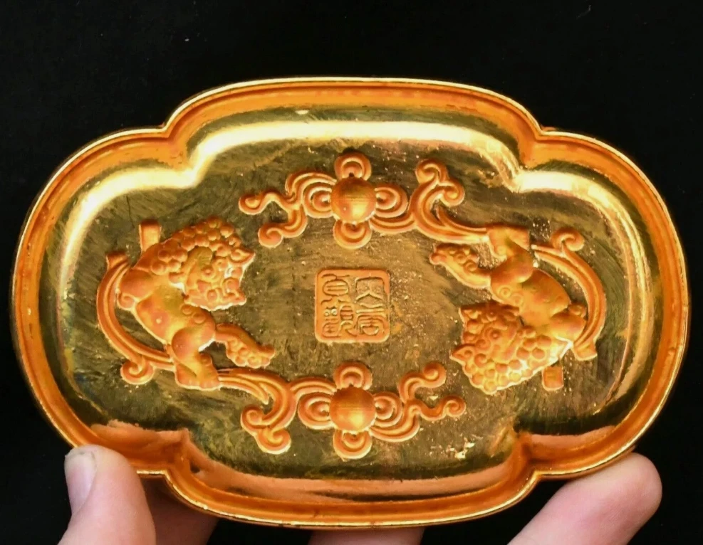 4.7 ''السلالة القديمة البرونزية المذهبة قصر فو فو الكلب الحرس علبة الأسد طبق لوحة #6