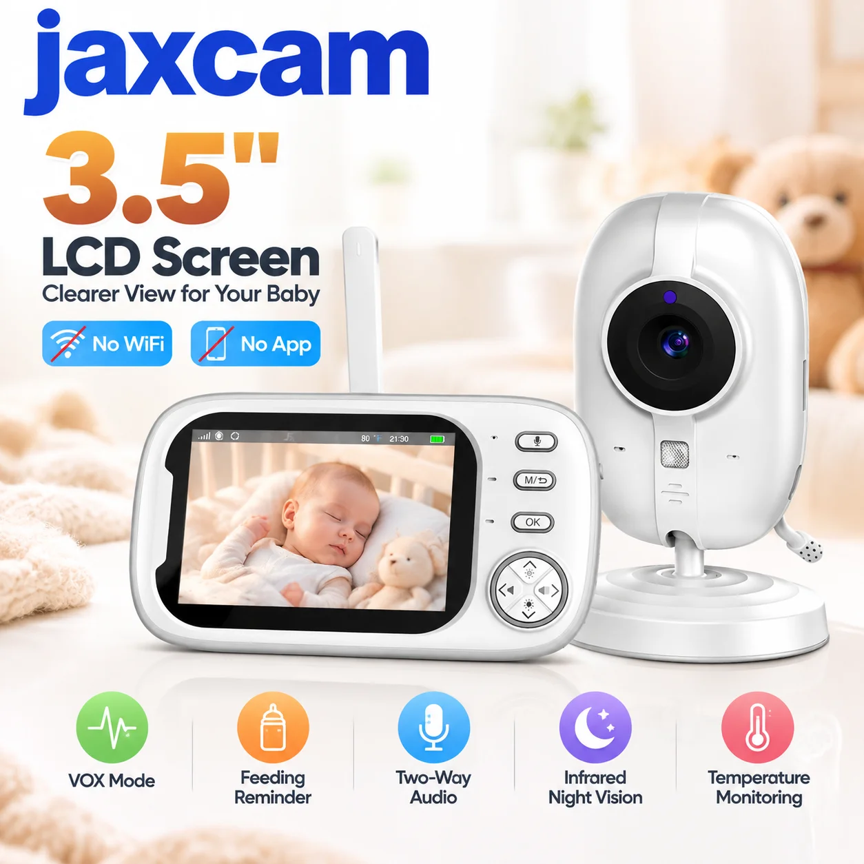 Jaxcam New 3.5 inch Wireless Video Baby Monitor 2 Way Audio Talk Night Vision Temperature Monitoring  Baby Nanny Security Camera