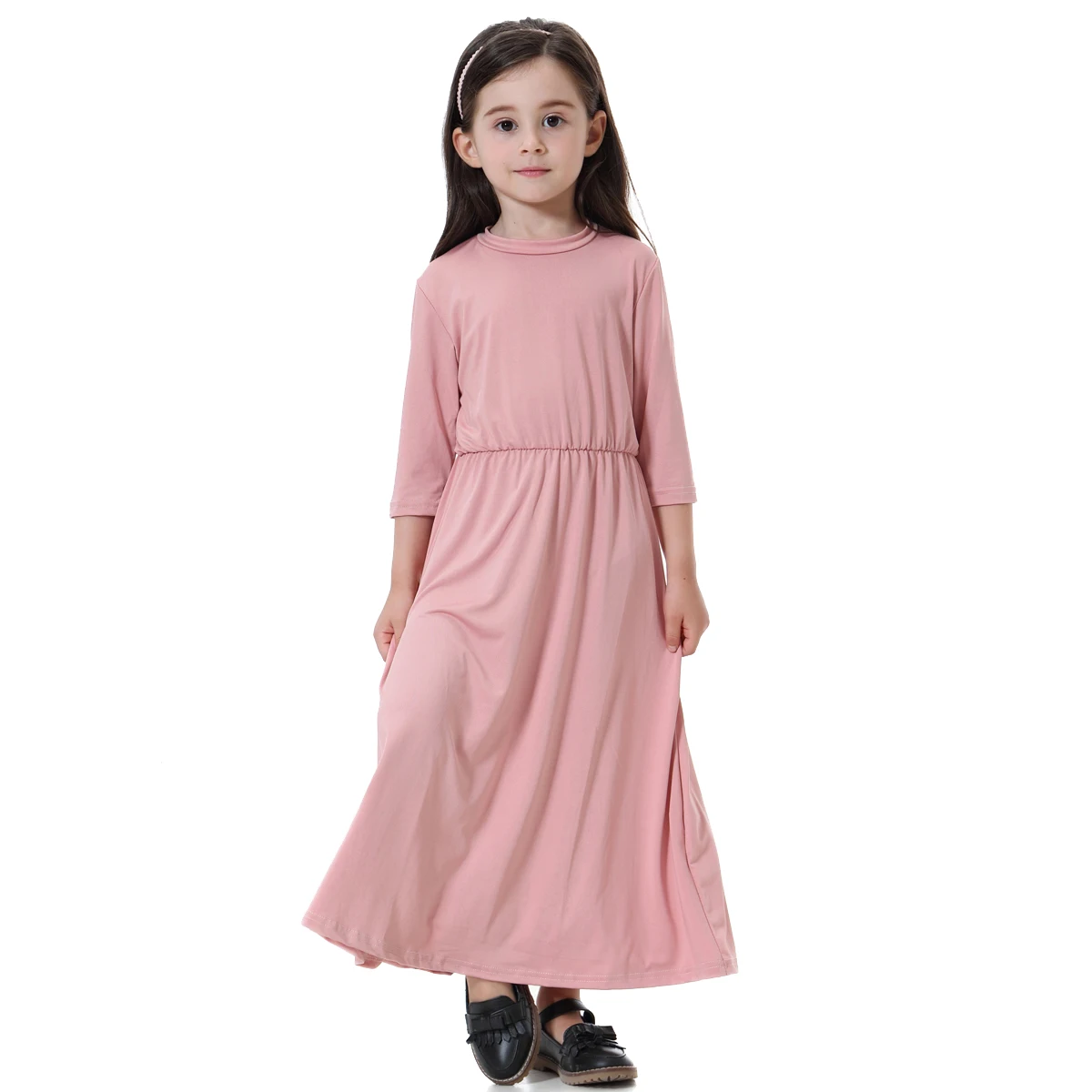 Muslim Girls Round Neck Solid Color 3/4 Sleeves Summer Wear Pure Long Dress Arab Big Kids Male Ankle Length Abaya