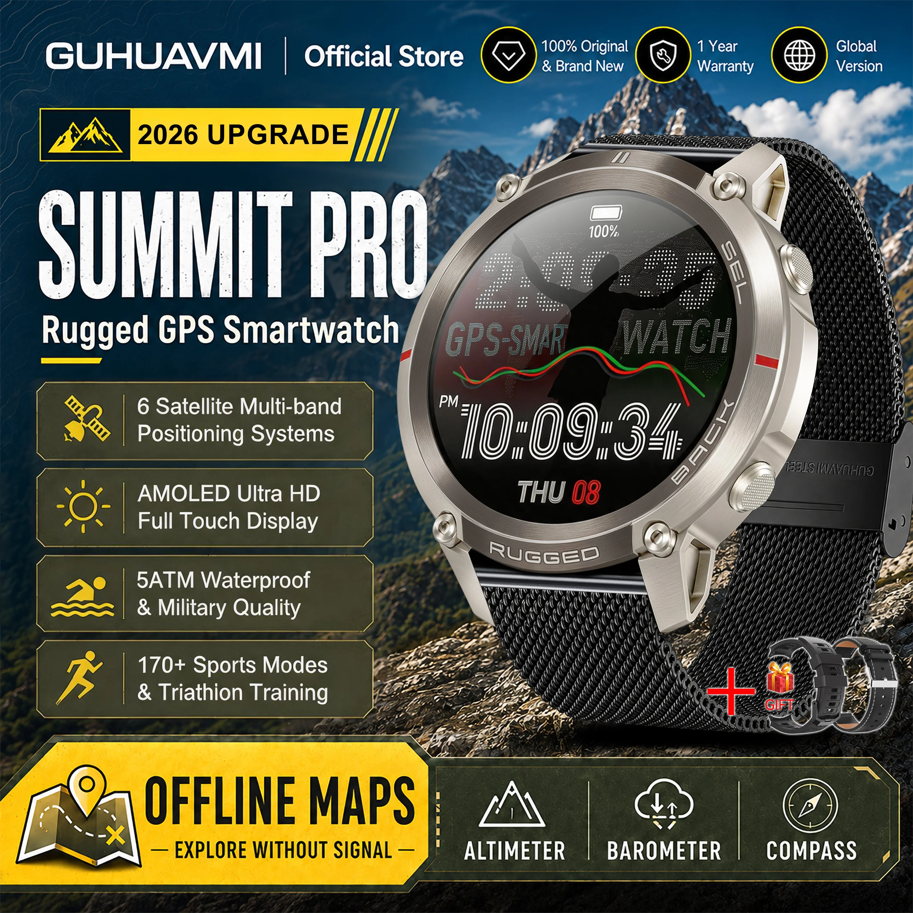 2026 Militaire Satelliet Offline Kaart GPS Smart Watch Heren 1.43''AMOLED Bluetooth Oproep Kompas 5ATM Waterdicht 170 + Sport Smartwatch