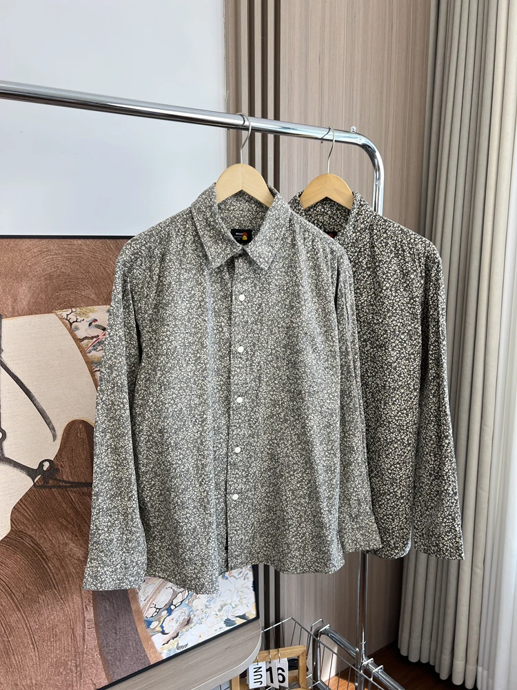 

Retro Hong Kong Sle Pure Cotton Breathable Long Sve Printed Casual Loose Men's irt for Autumn Couples Faion Urban Wear