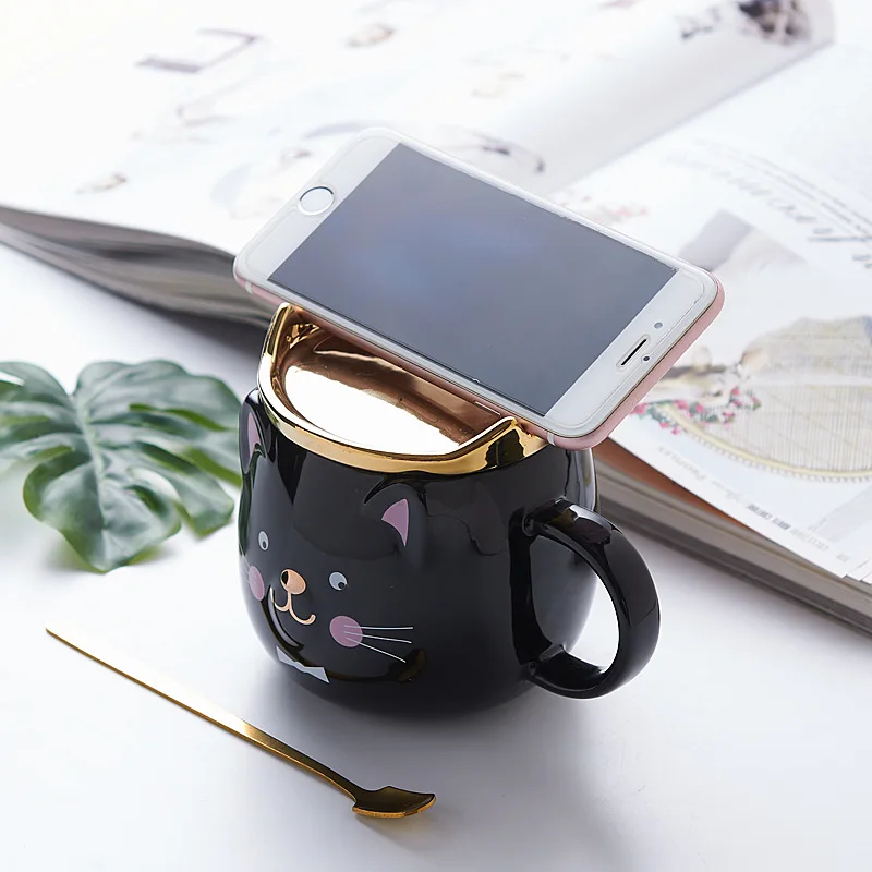 Cartoon Crown Cat Shaped Mug Cute Ceramic Mug with Lid Spoon Coffee Water Cup for Men and Women Gift Lovers Drinking Utensils view 3