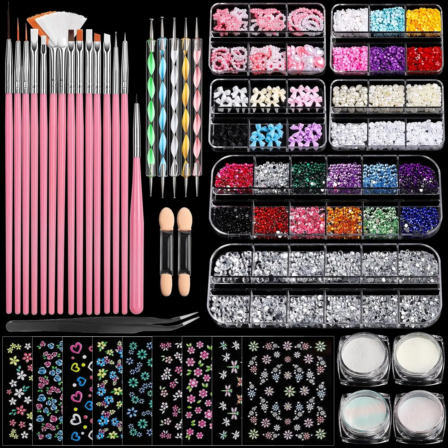 

Nail Art Brushes Set, 15Pcs Nail Kit with Dotting Tools, Chrome Powder, Stickers, Rhinestones & Charms for Beginners