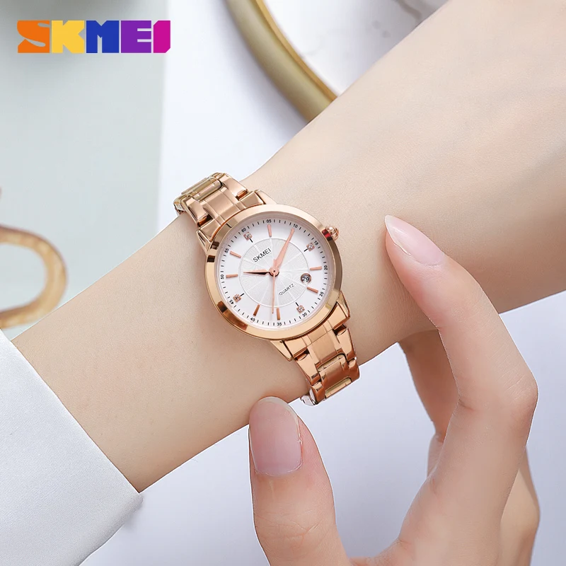 Skmei novo estilo relógio de quartzo luxo esportes relógios femininos calendário aço inoxidável senhoras vestido pulseira simples relógio casual