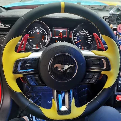 Imagen 2 del producto Para Ford Mustang Mustang GT 2015-2021 cosido a mano antideslizante negro rojo perforaciones cuero genuino protector para volante de coche