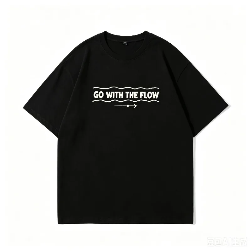 Men Go With The Flow Slogan T-Shirt Wave Arrow Camping Fishing SUP Skate Rock Short Sleeve White Black Casual Tee view 5