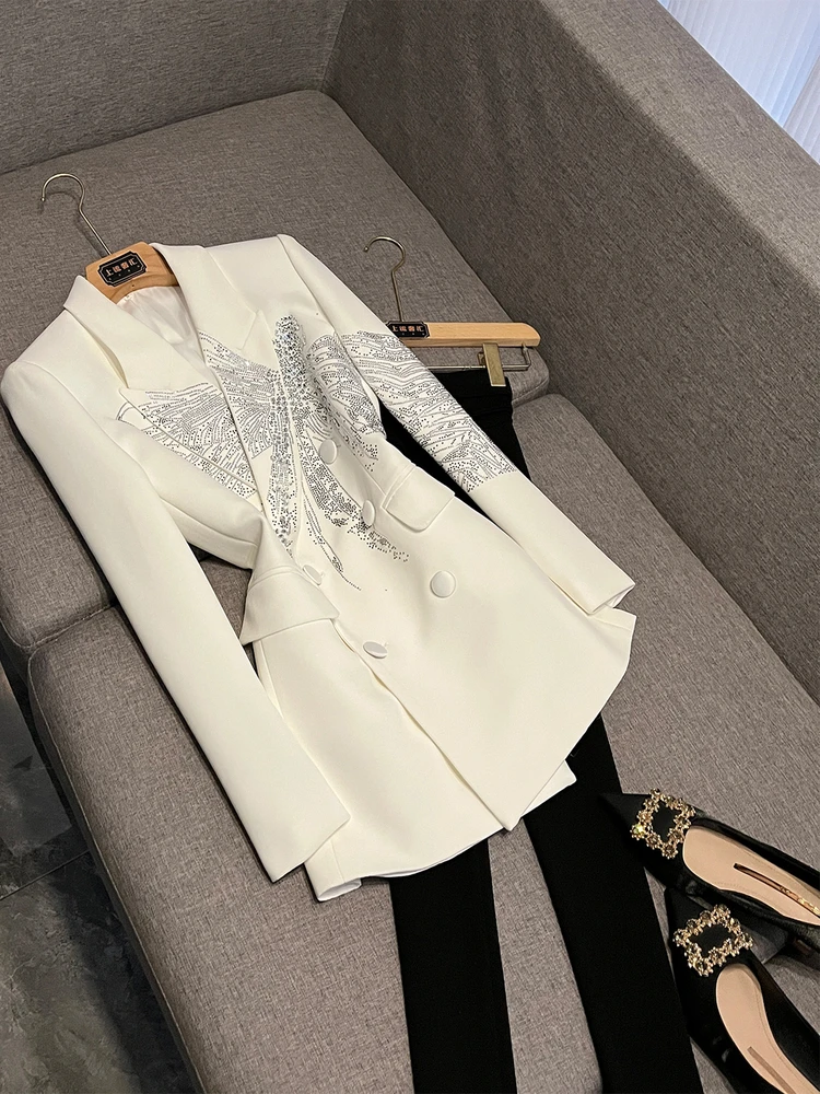 

Ele Lady's Long Sve Suit Jaet Heavy Embellied Dragoy Rhinestones Casual Loose Fit Sle Pure Color Design