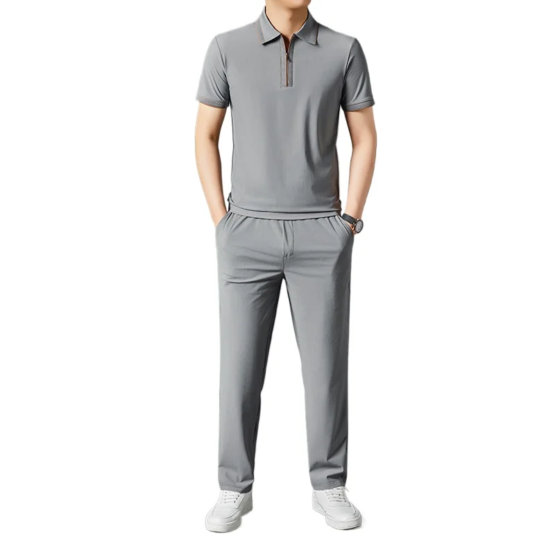 

【Top + Pants】Men's POLO Set Summer Fashion Nylon Blend Business Casual Polo Shirt + Pants Daily Commute Office Wear Two Piece