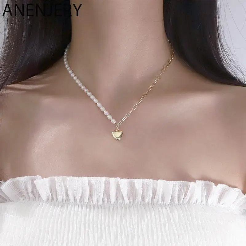 ANENJERY Silver Color High Polish Love Pearl Asymmetric Chain Necklace for Women Lady Party Choker Necklace Jewelry Gifts S-N693