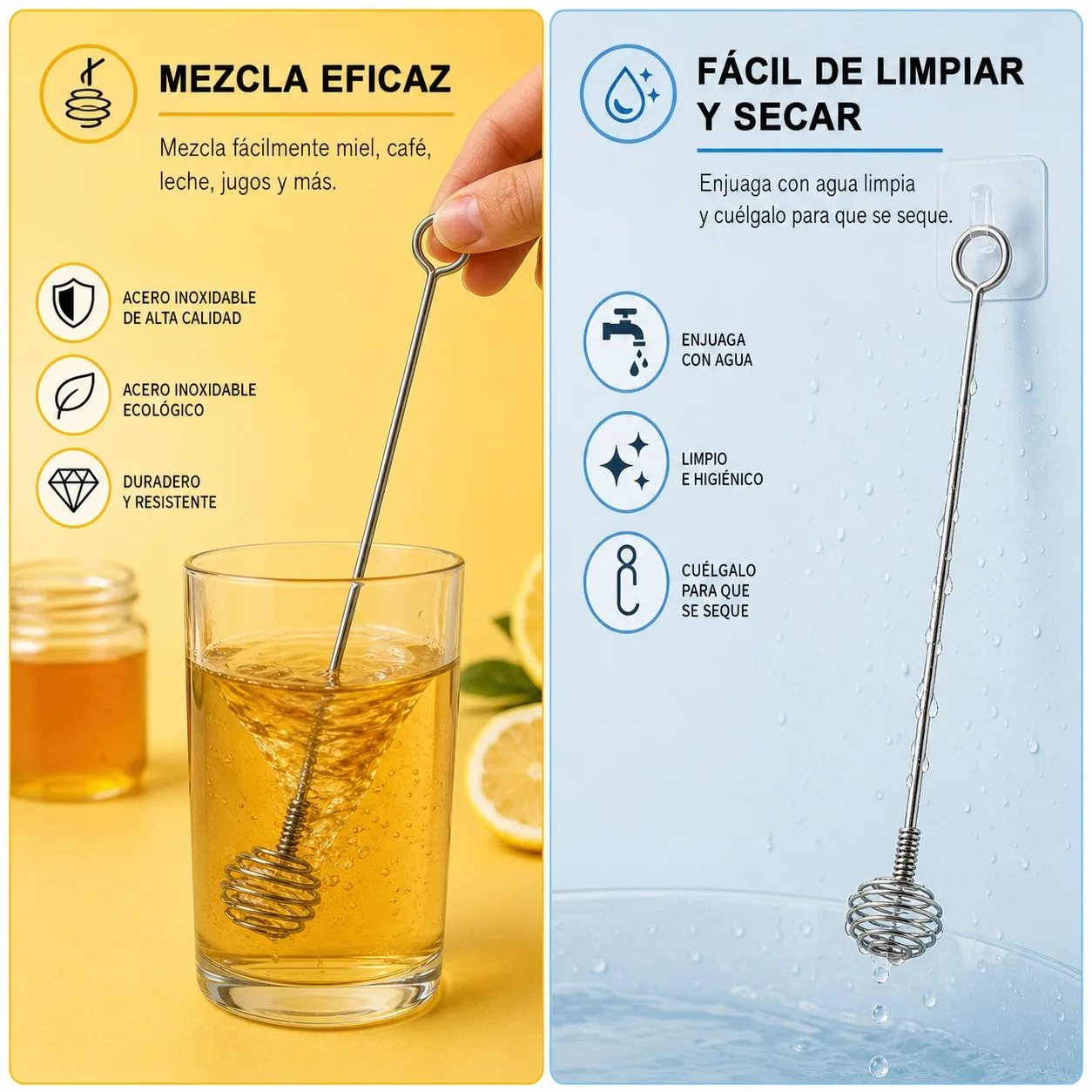 Agitateur à miel en acier inoxydable de 21,5 cm, mélangeur de sirop et de confiture avec design en spirale, ustensile de cuisine ergonomique et durable pour le café, le thé et la pâtisserie maison