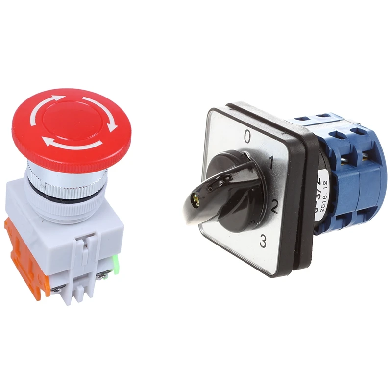 

LJL-1 Pcs Red Mushroom Cap Emergency Stop Push Button Switch & 1 Pcs 6 Terminals 4 Positions Rotary Cam Changeover Switch