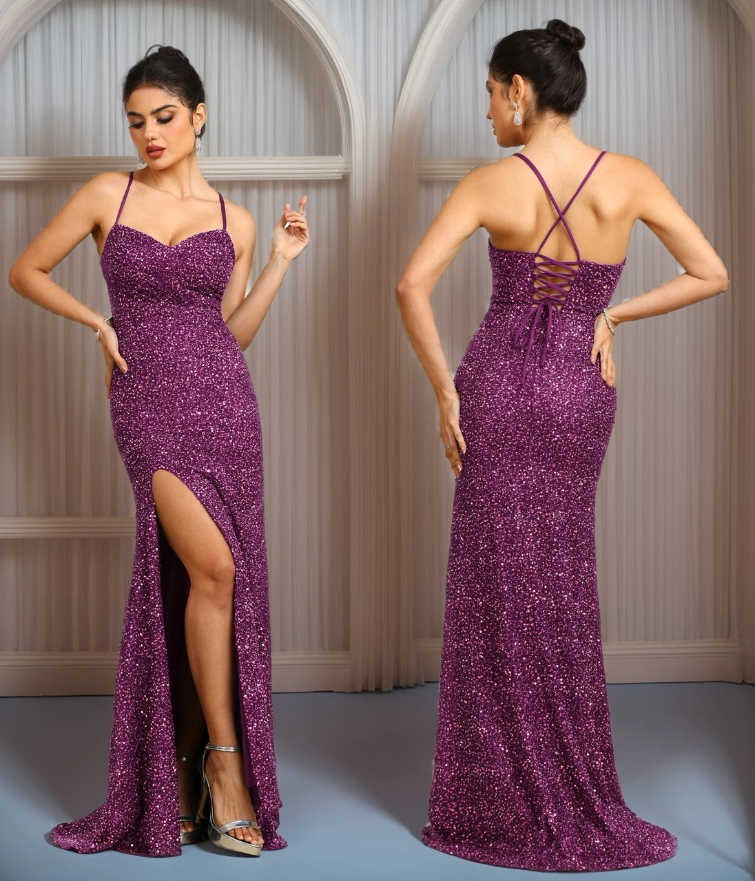 

BABYONLINE Sparkling Sequins Mermaid Dresses Sexy V-Neck Lace-Up Backless Sling Evening Dress High Split Train Formal Vestidos