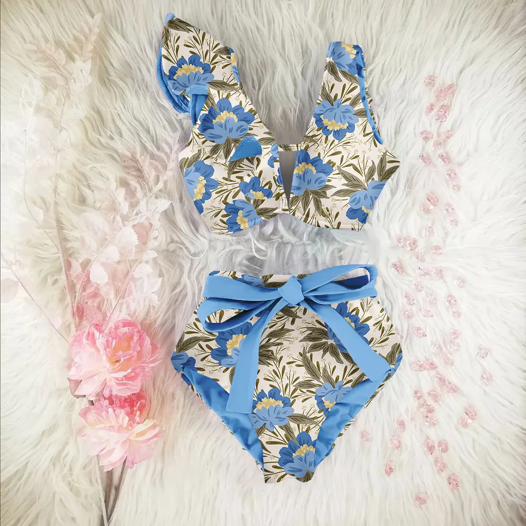 2024 New Bikini Floral Ruffled Bikini Set Women V-neck High Waist Two Piece Swimsuit Girl Beach Bathing Suit Swimwear Biquinis