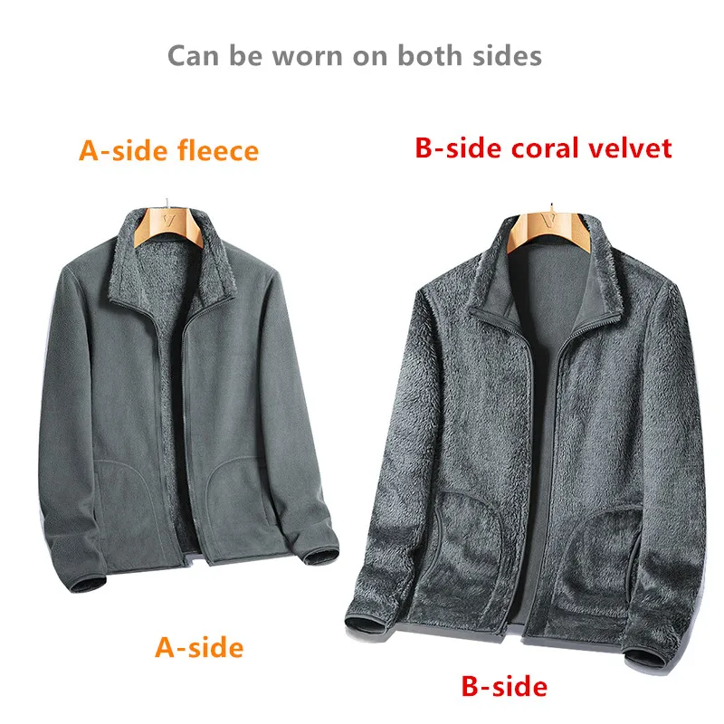 New Autumn Winter Men\'S Reversible Fleece Coat With A Stylish And Versatile Stand Up Collar Thickened And Warm Cardigan Jacket